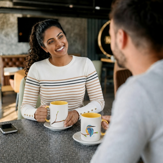 Woman and man sitting at a table with coffee mugs in a casual setting