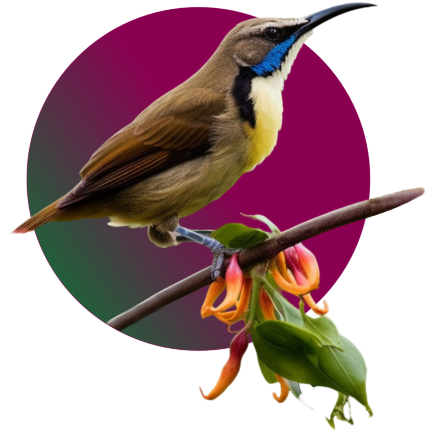 Bird perched on a branch with flowers against a purple circle background