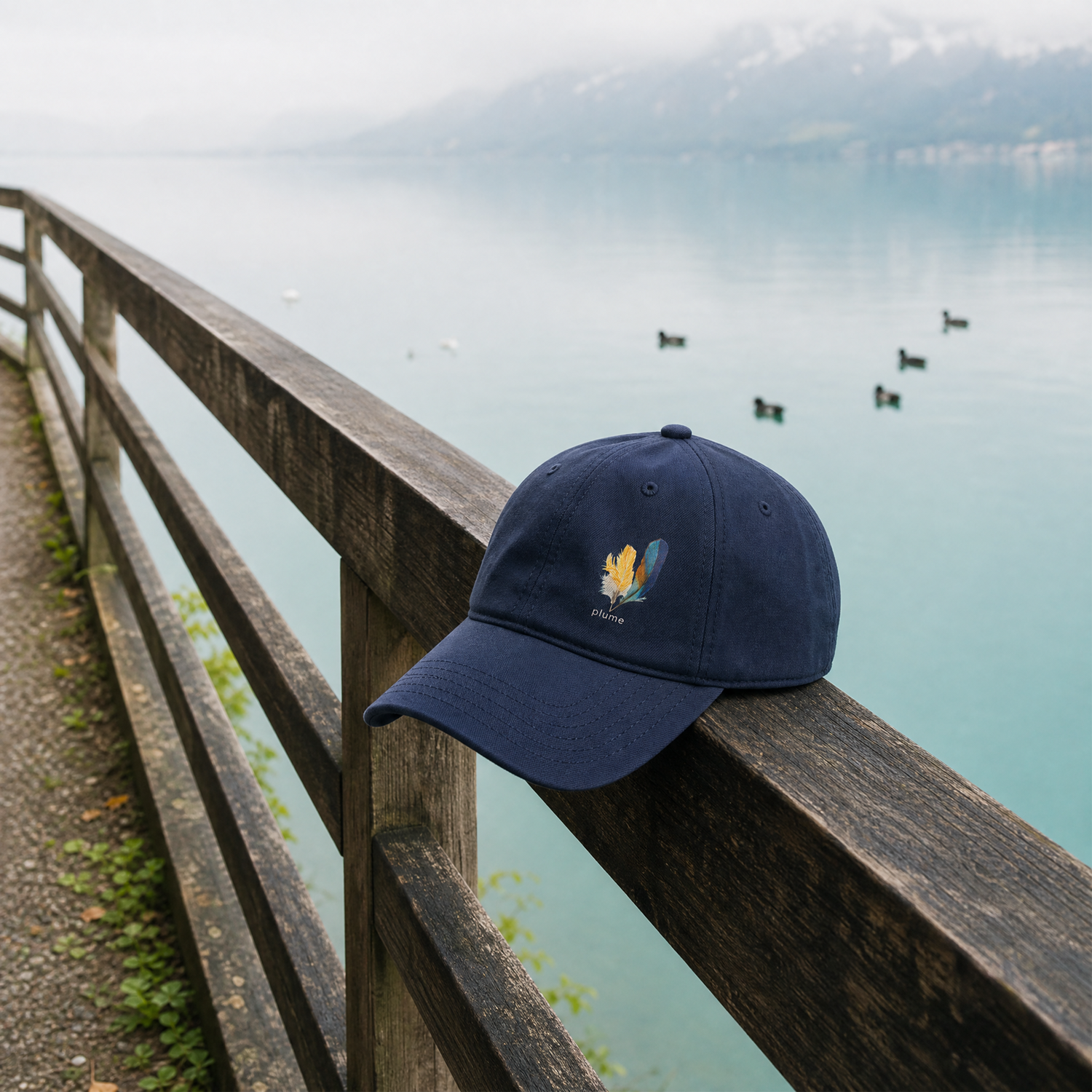 Navy blue cap with hand drawn kingfisher feathers on a wooden railing by a lake with ducks.