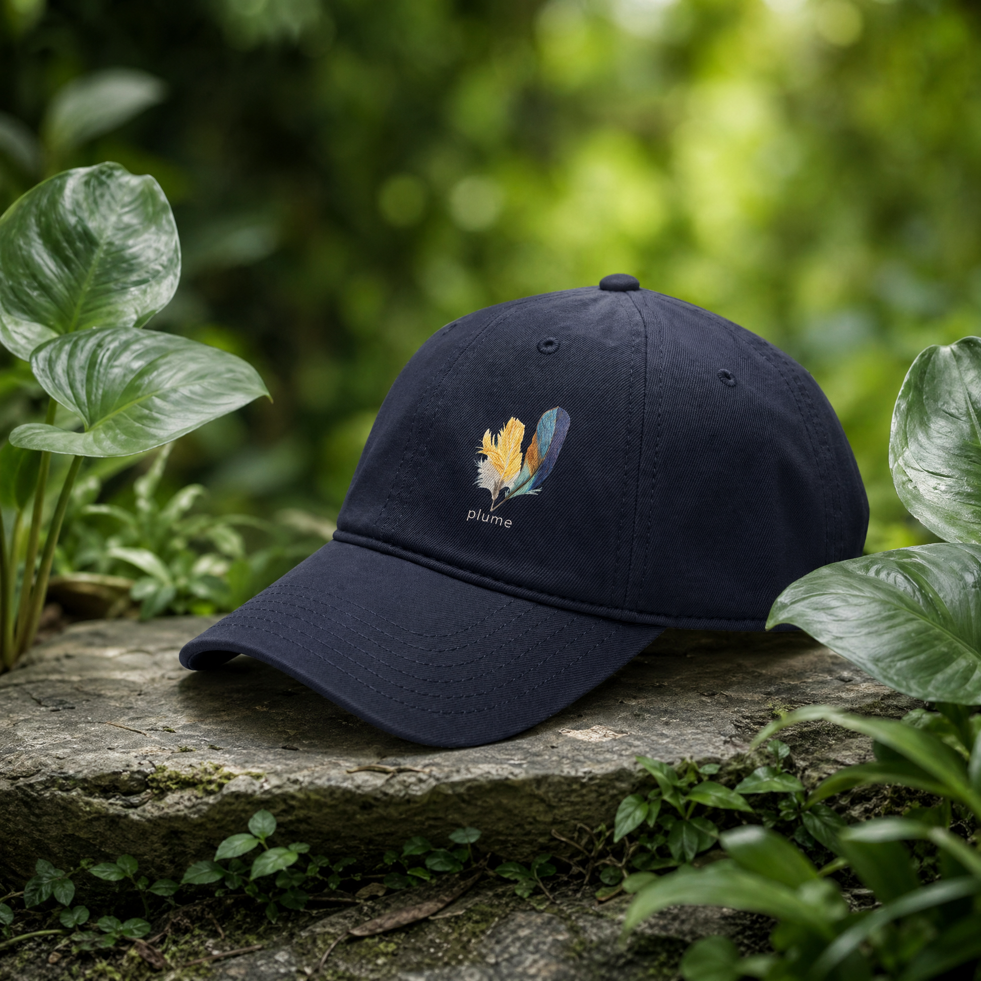 Navy blue cap with hand drawn kingfisher feather design and 'plume' branding on a stone surface with green foliage.