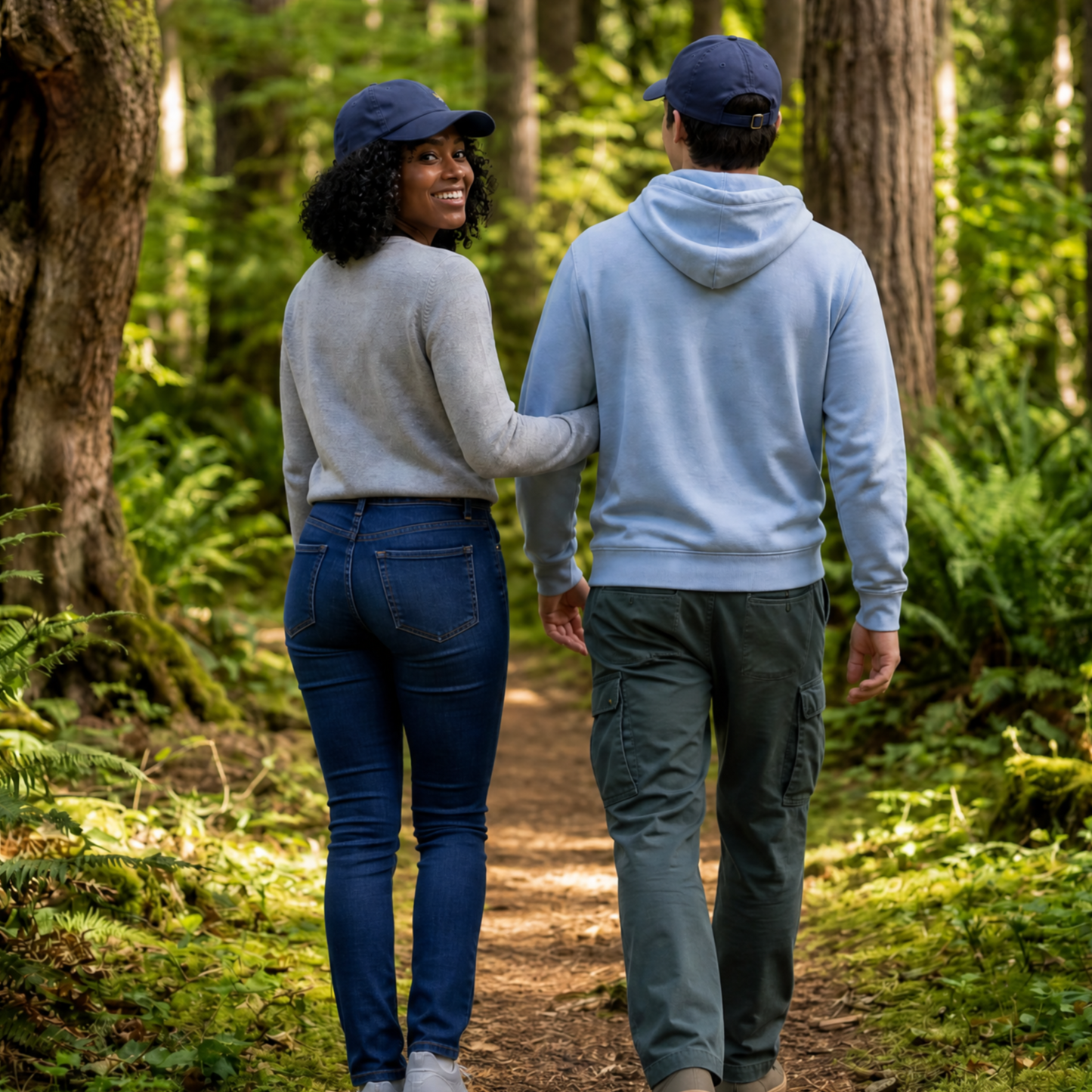 Two people walking hand in hand through a forest wearing navy blue dad hats