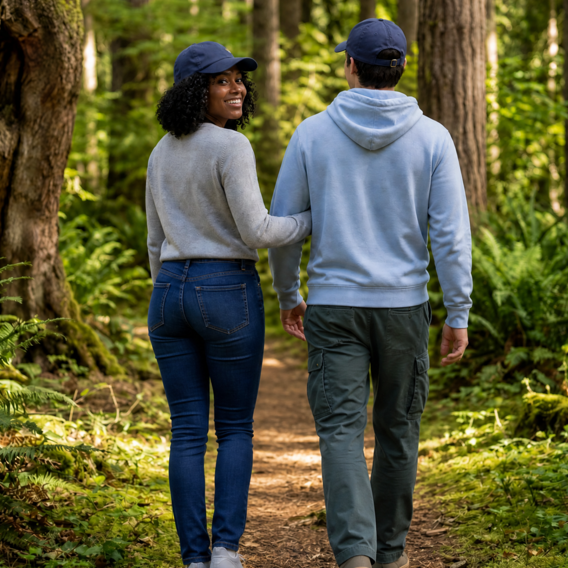 Two people walking hand in hand through a forest wearing navy blue dad hats