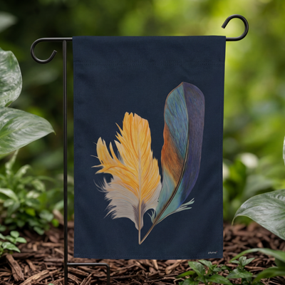 artistic kingfisher feather illustration on a dark navy garden flag, unique backyard birding decor and outdoor nature gifts