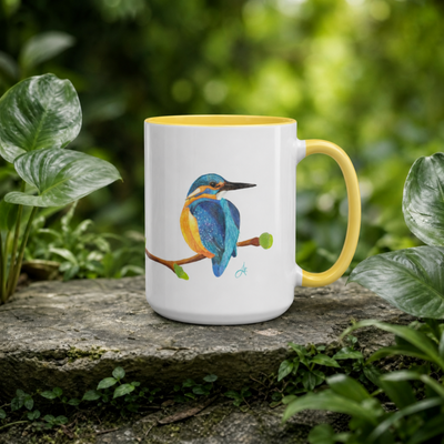 Hand-drawn Common Kingfisher art on a ceramic 15oz mug with a yellow handle, perfect as a bird watcher coffee mug.