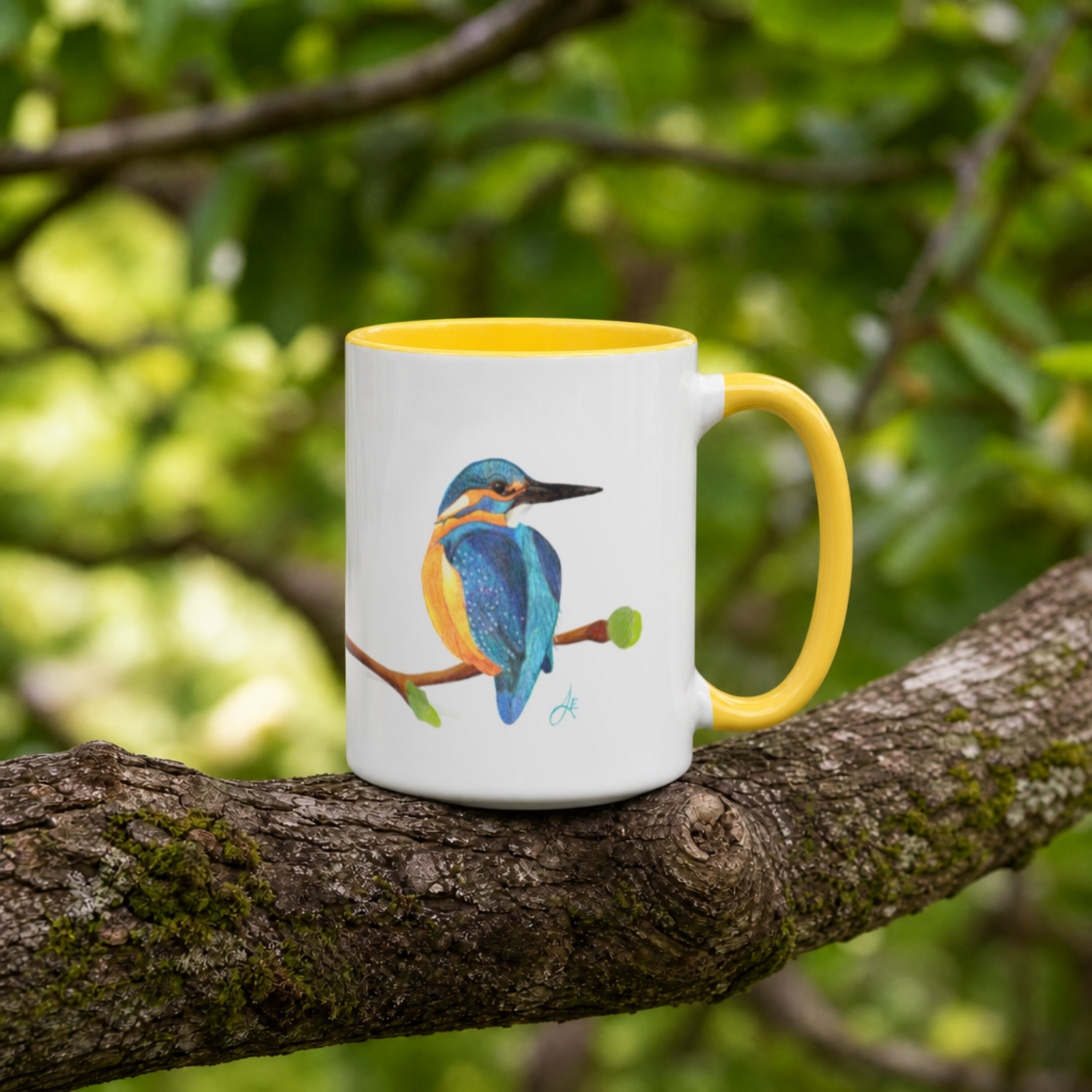 Mug with a kingfisher design on a branch against a natural background