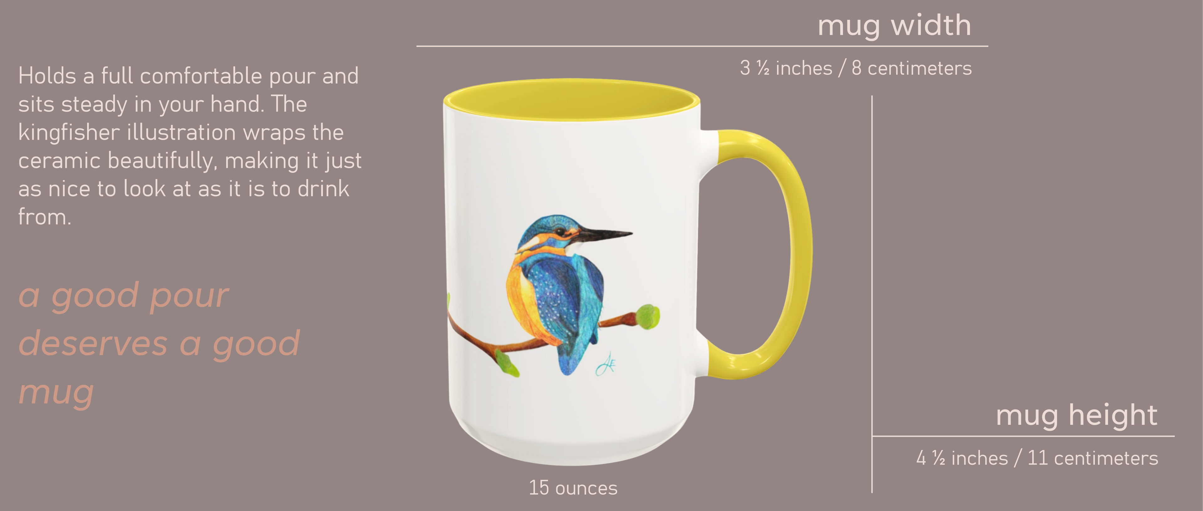 Mug with kingfisher illustration and measurement details on a gray background