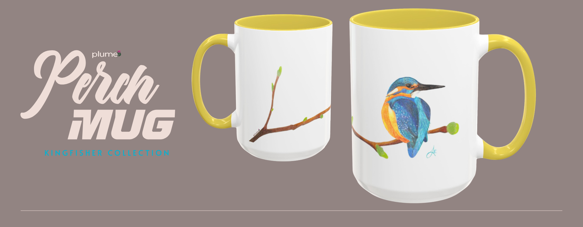 Mug with a kingfisher design on a brown background, featuring the brand 'Perch Mug'.