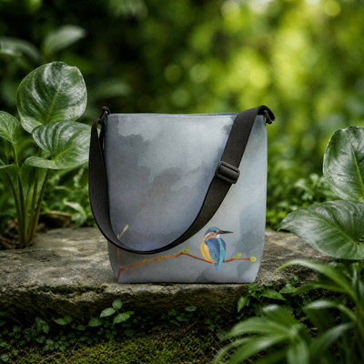 original hand-drawn common kingfisher illustration on a durable canvas forage tote bag, artistic wildlife accessory and field trail tote for birding