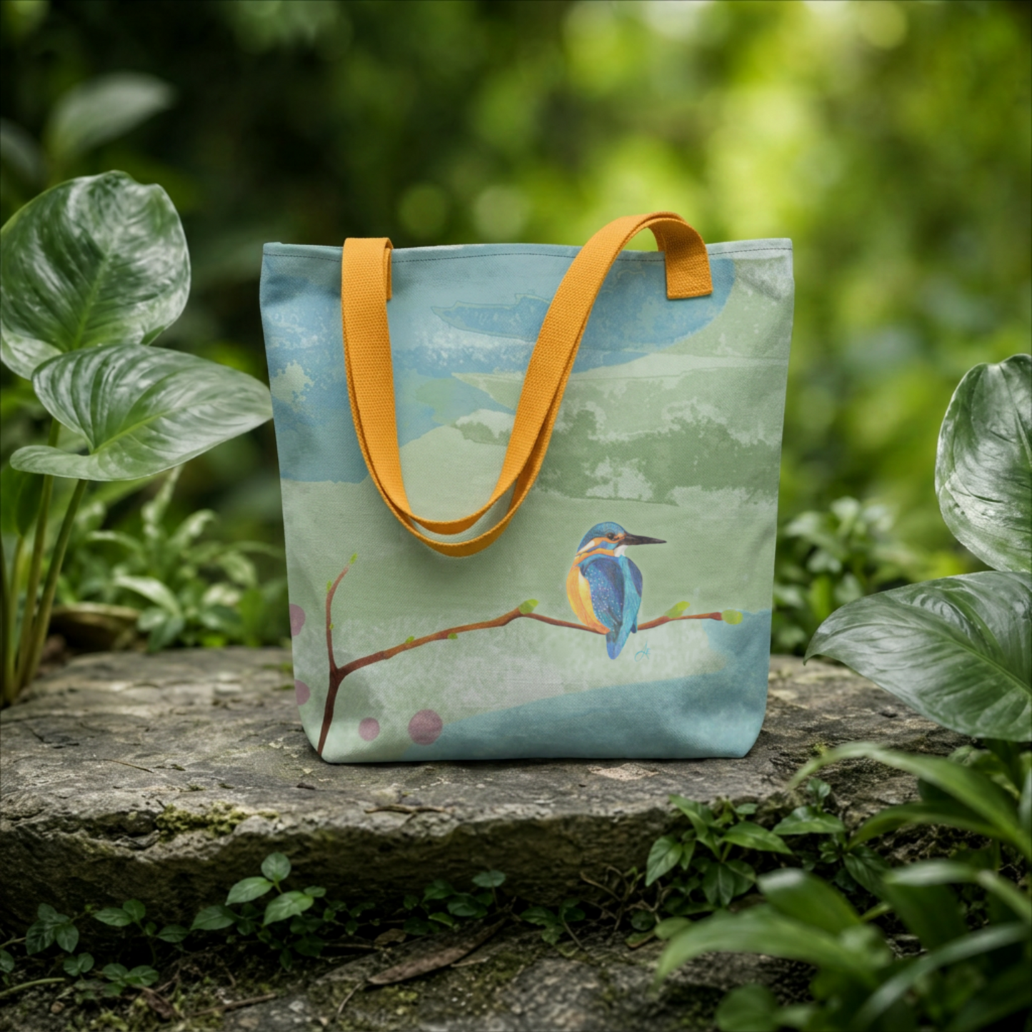 Tote bag with a hand drawn kingfisher bird design on a stone surface surrounded by greenery
