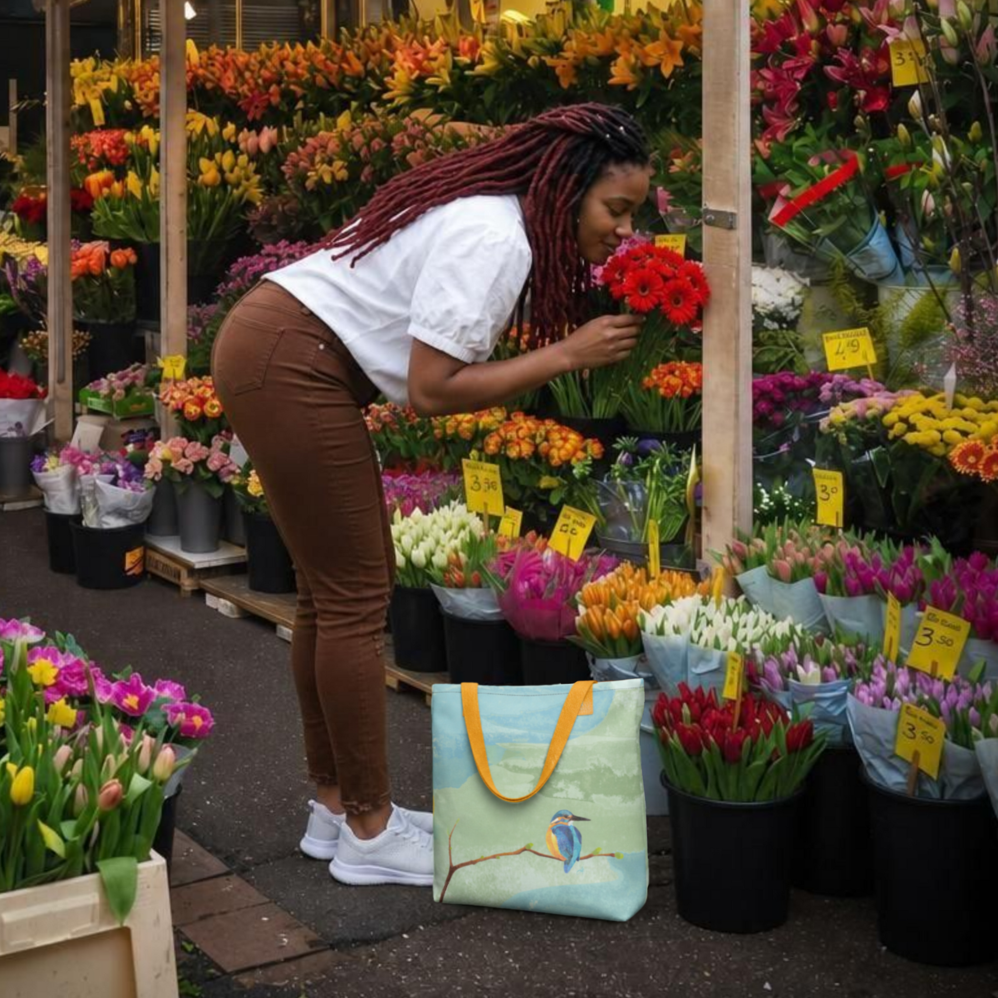Woman shopping for flowers at a market with a hand drawn kingfisher tote bag.