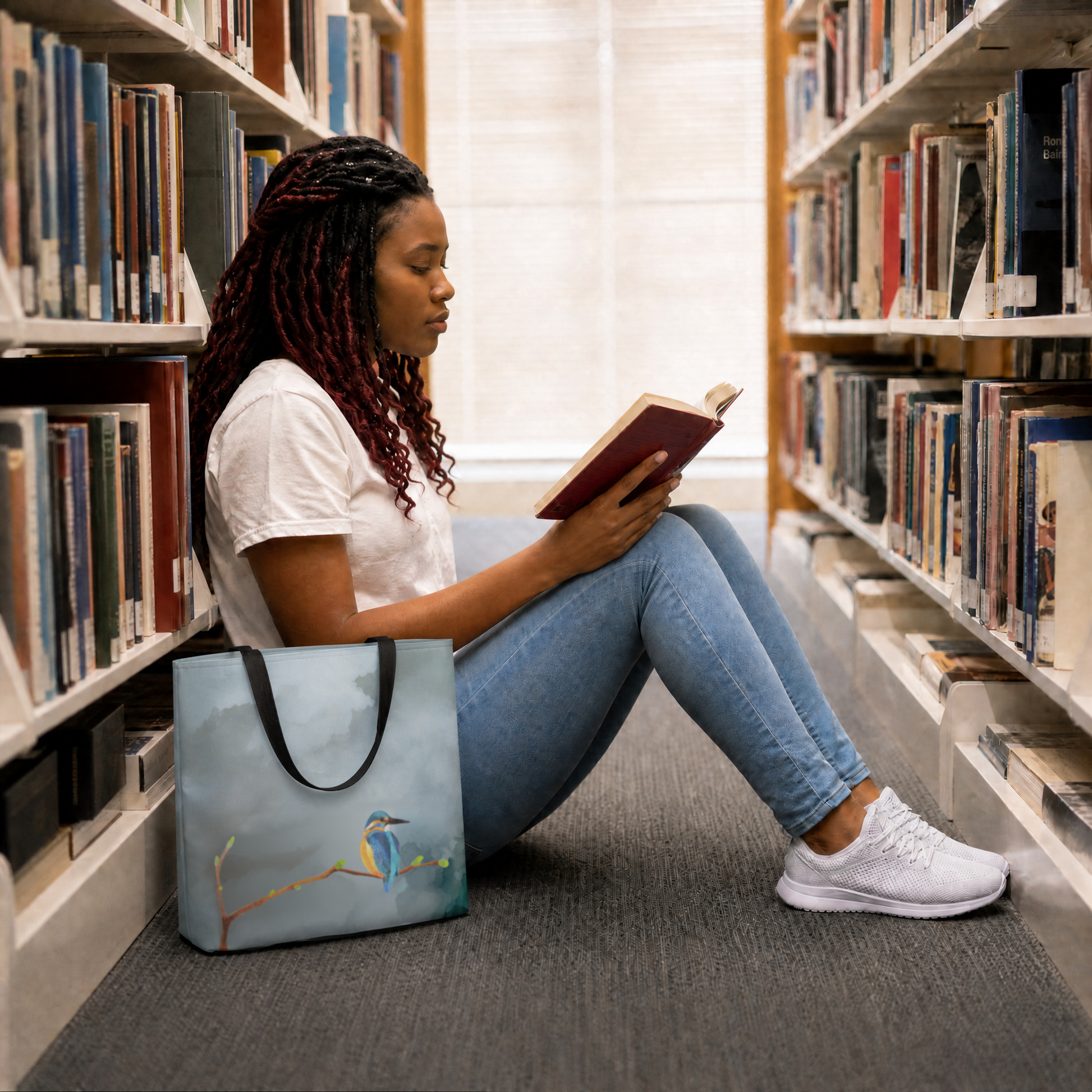 Woman reading a book in a library with a hand drawn kingfisher tote bag beside her