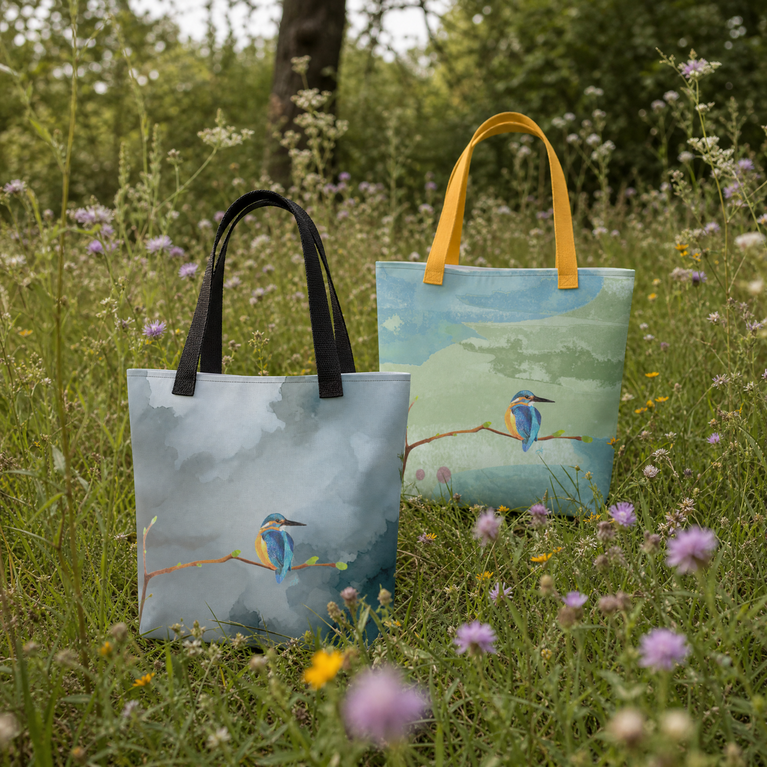 Two tote bags with hand drawn kingfisher birds in a field of flowers