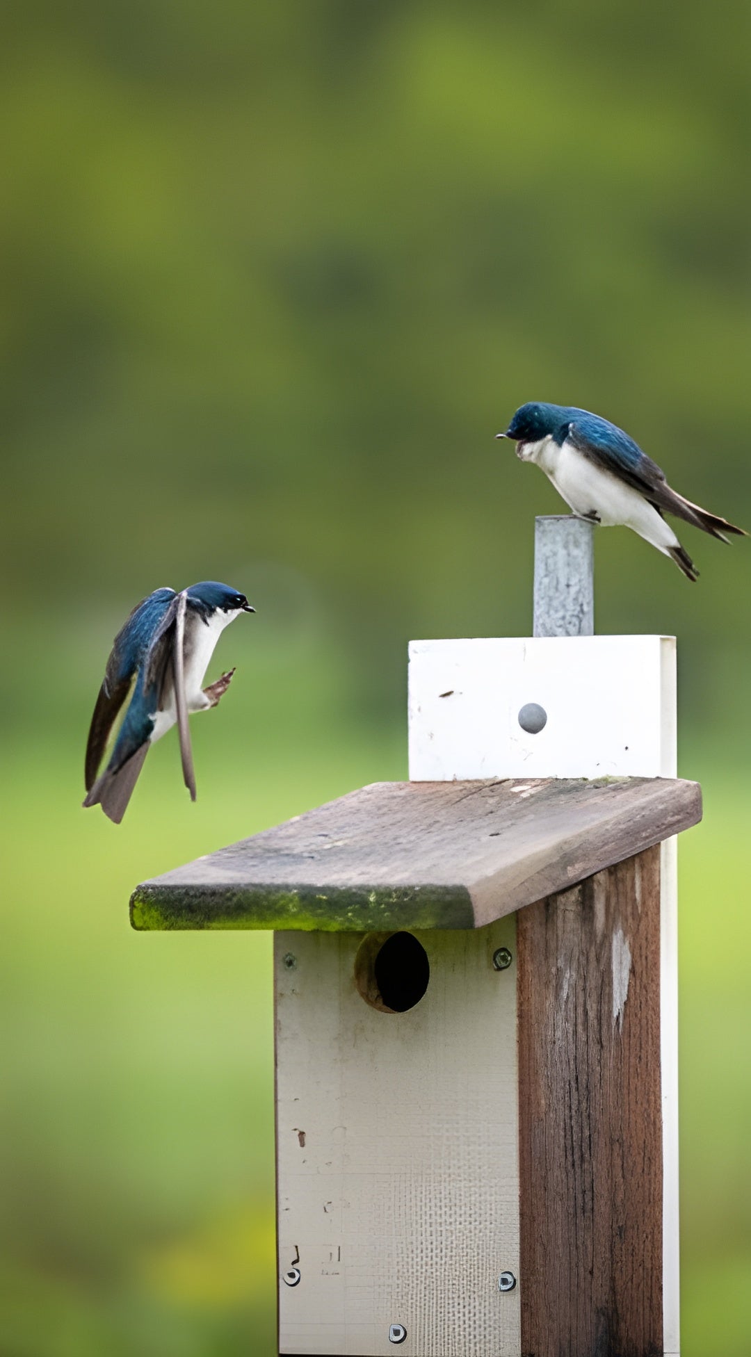 Two tree swallows interacting dynamically as one prepares to land on a wooden nesting box, highlighting wildlife-friendly living habits and backyard birding conservation projects.
